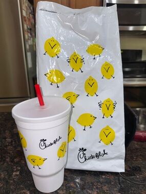 Chick-fil-A Chick Patterned Cup & Bag - White & Yellow Chick, NEW